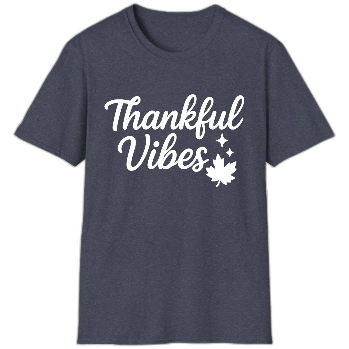 Thankful Vibes Fall Leaf Graphic T-Shirt in Heather Navy