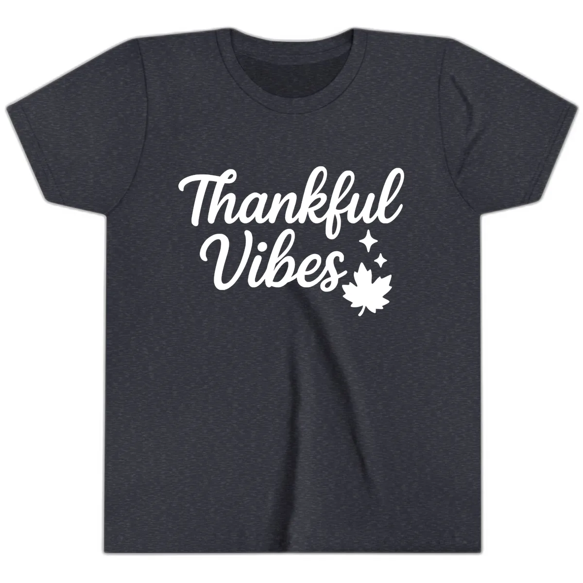 Thankful Vibes Fall Leaf Graphic Youth T-Shirt in Heather Navy