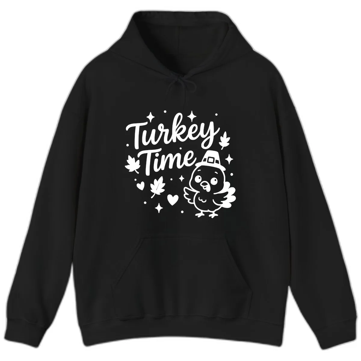 Cute Turkey Time Thanksgiving Design Hoodie in Black
