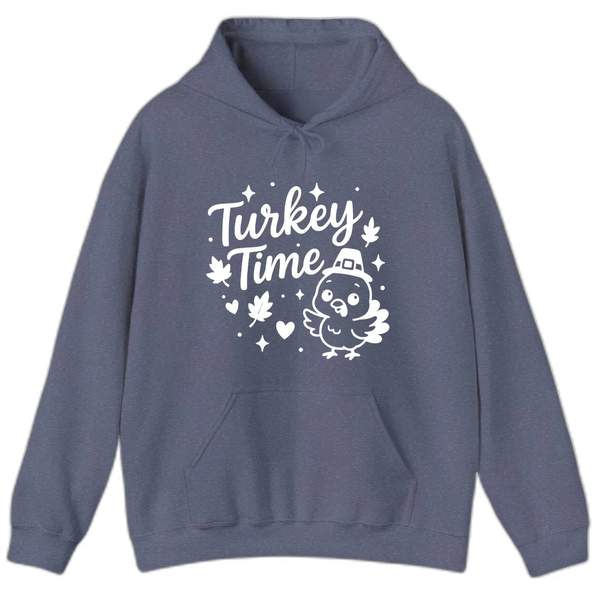 Cute Turkey Time Thanksgiving Design Hoodie in Heather Navy