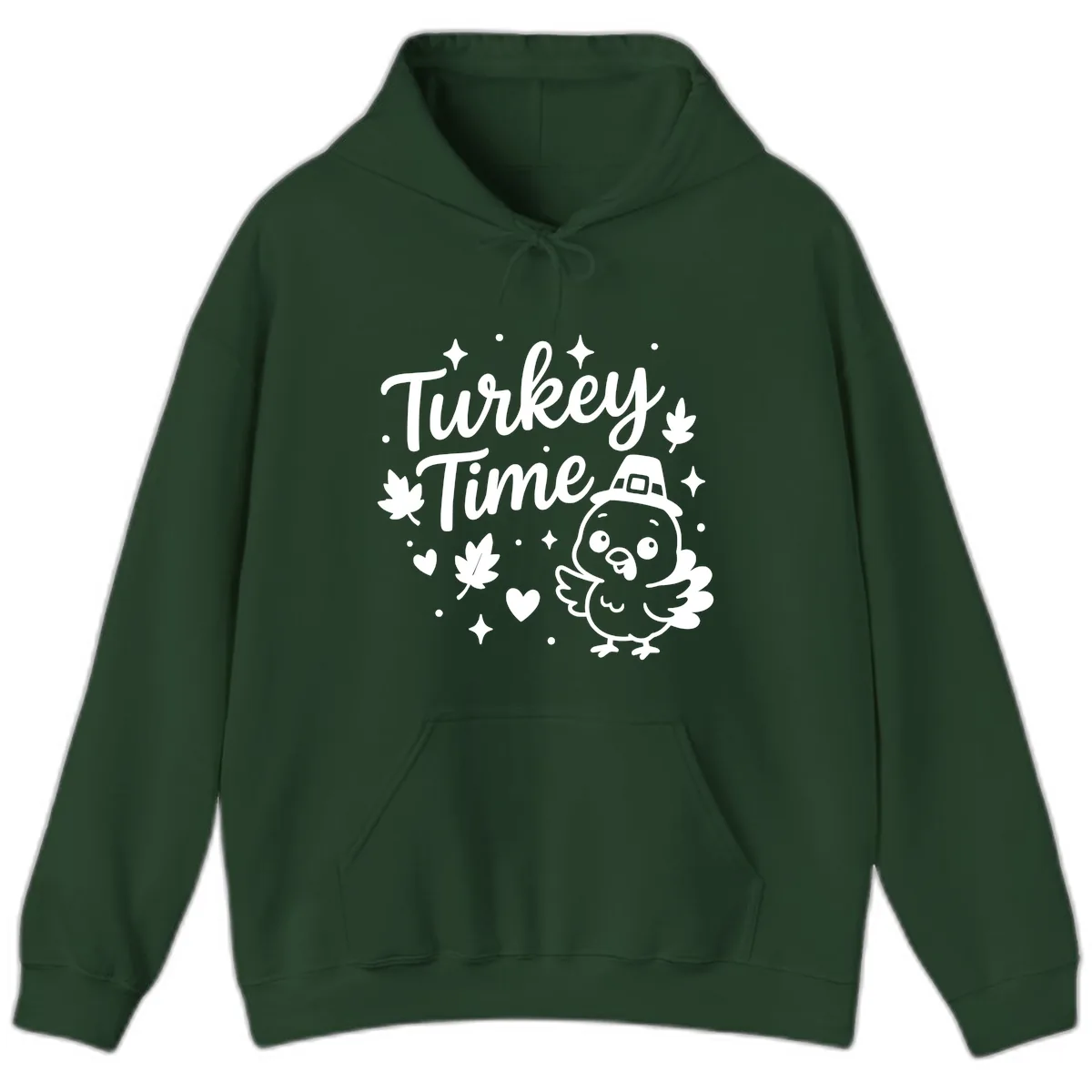 Cute Turkey Time Thanksgiving Design Hoodie in Forest Green