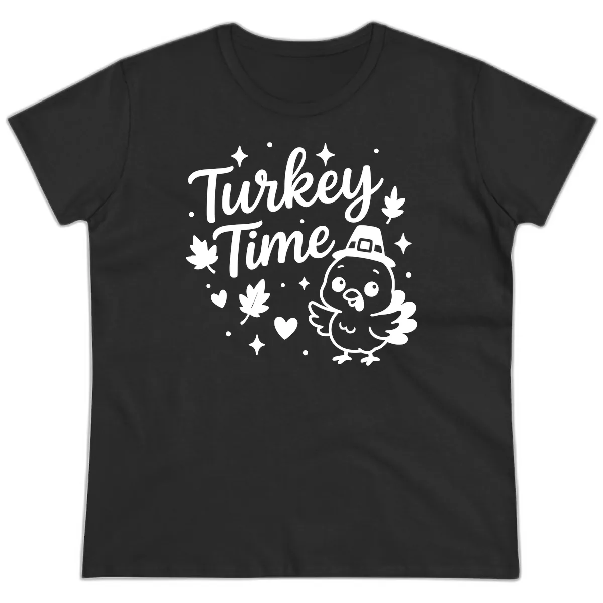 Cute Turkey Time Thanksgiving Design Ladies Tee in Black
