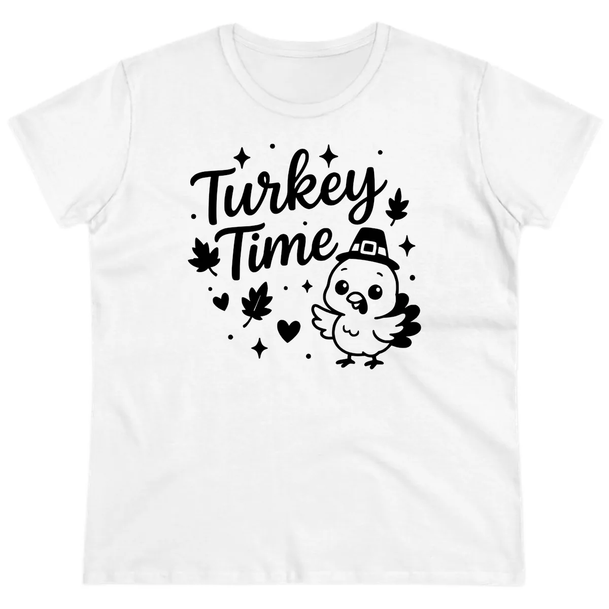 Cute Turkey Time Thanksgiving Design Ladies Tee in White