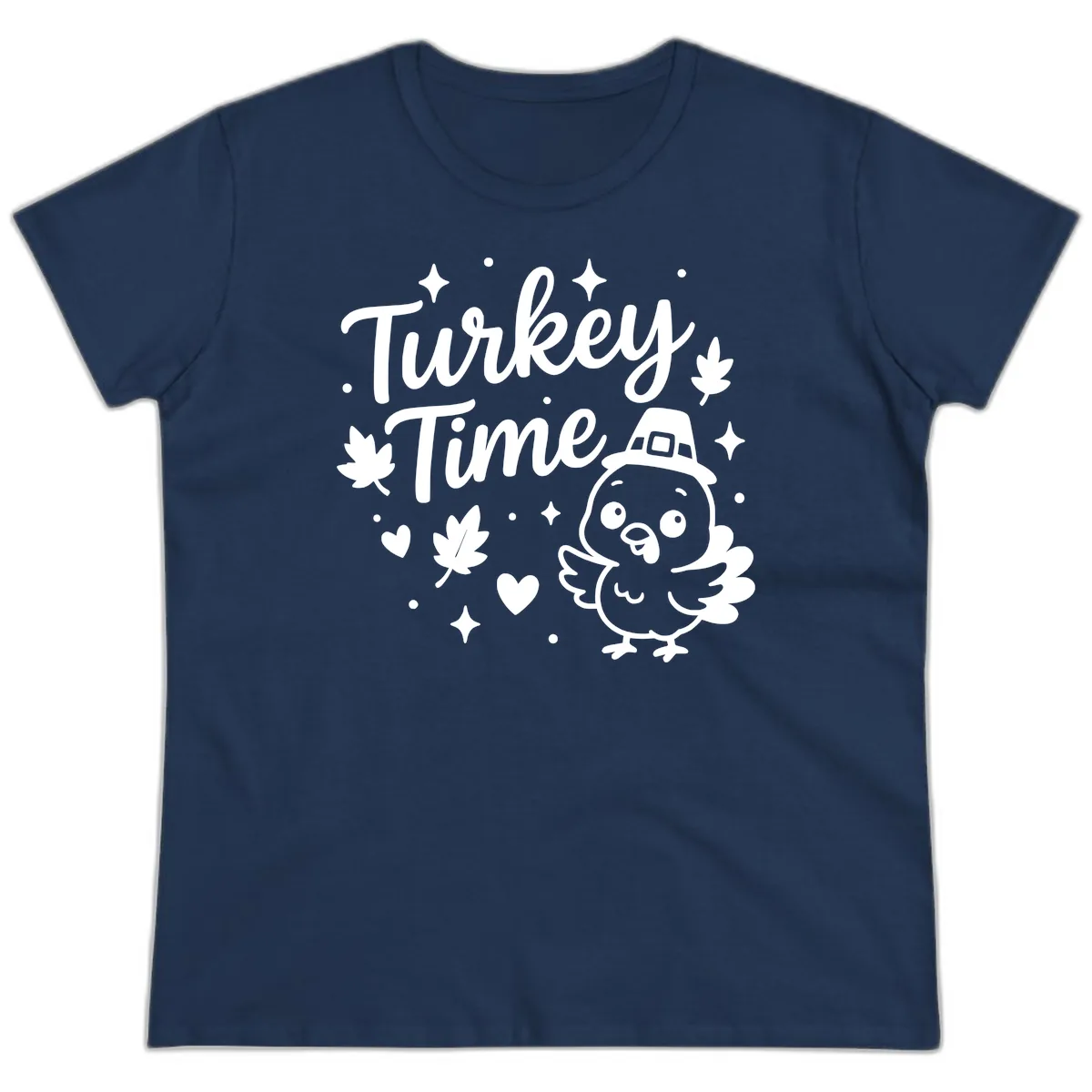 Cute Turkey Time Thanksgiving Design Ladies Tee in Navy