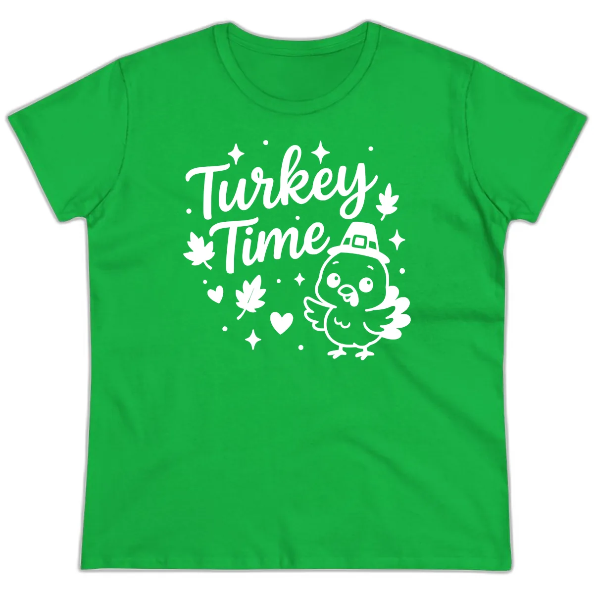Cute Turkey Time Thanksgiving Design Ladies Tee in Irish Green