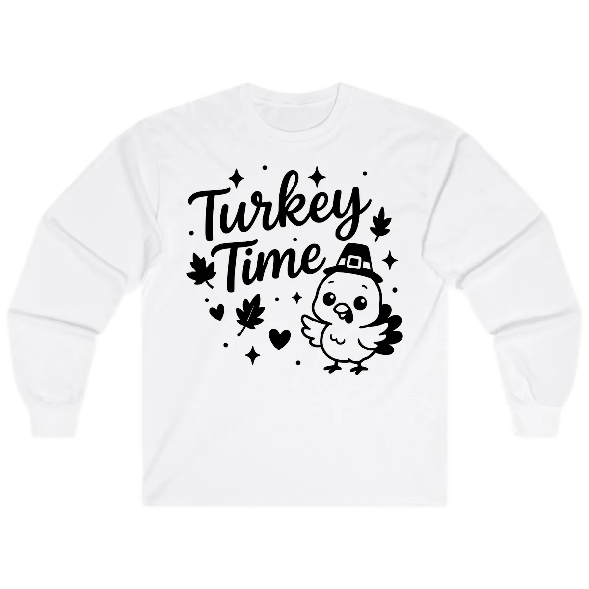 Cute Turkey Time Thanksgiving Design Long Sleeve in White
