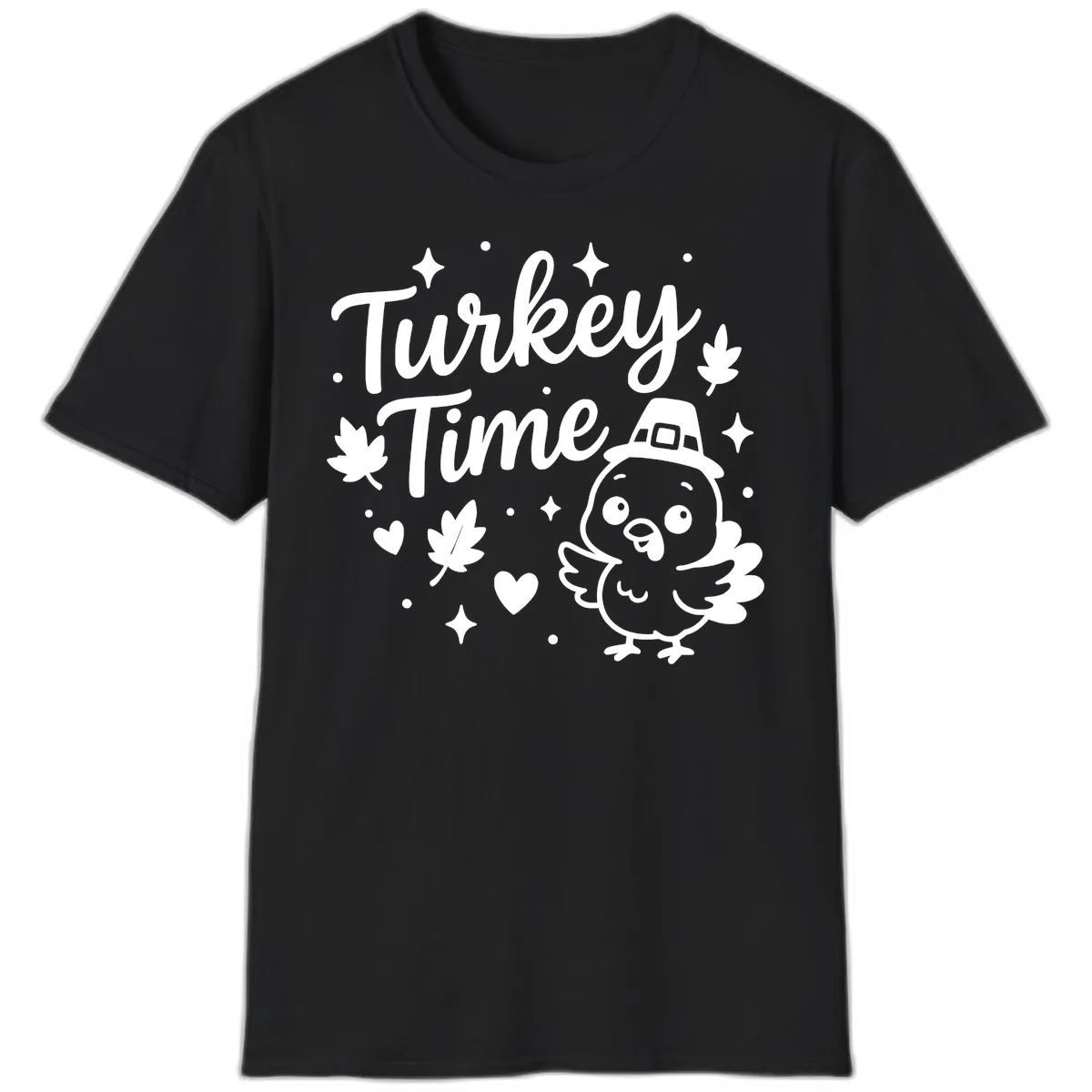 Cute Turkey Time Thanksgiving Design T-Shirt in Black