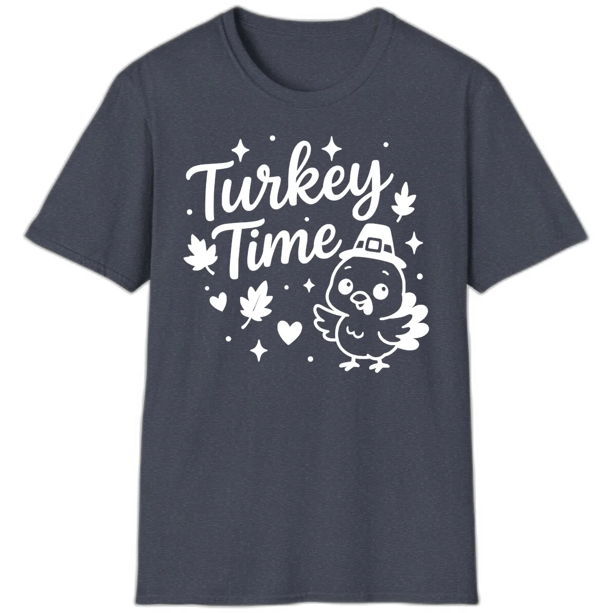 Cute Turkey Time Thanksgiving Design T-Shirt in Heather Navy