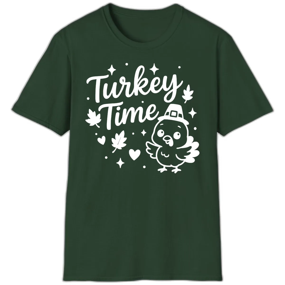 Cute Turkey Time Thanksgiving Design T-Shirt in Forest Green