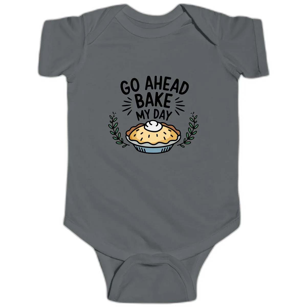 Go Ahead Bake My Day Pie Design Baby Onesie in Charcoal