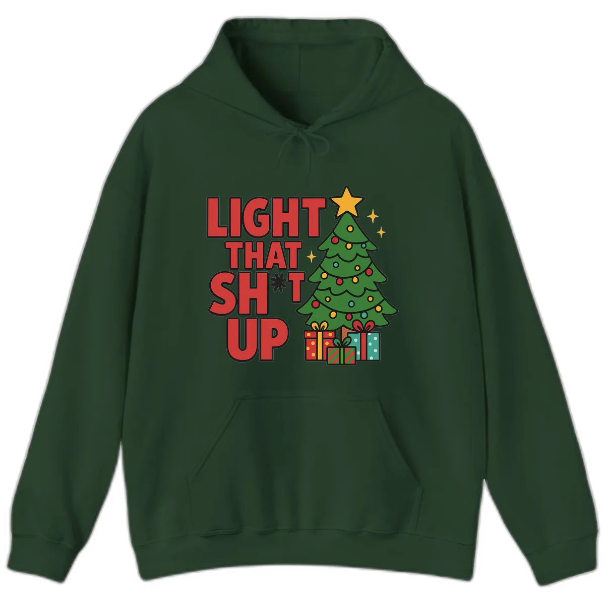 Light That Shit Up Christmas Tree Hoodie in Forest Green