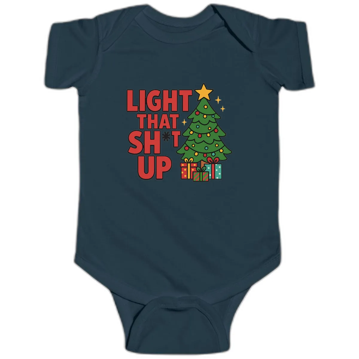 Light That Shit Up Christmas Tree Baby Onesie in Navy