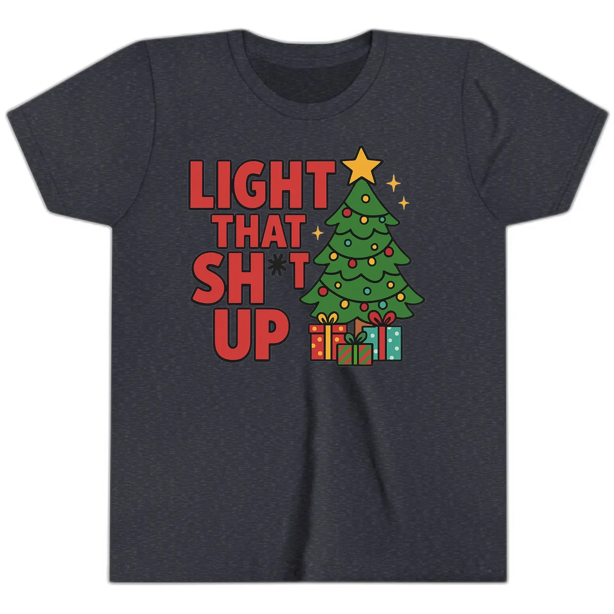 Light That Shit Up Christmas Tree Youth T-Shirt in Heather Navy