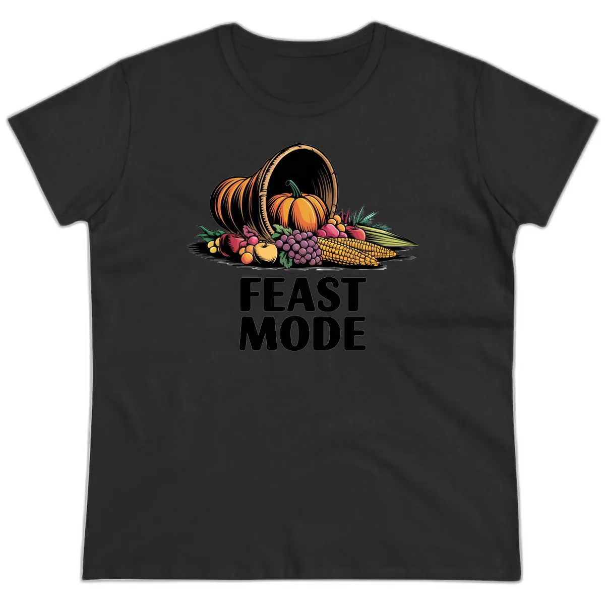Thanksgiving Cornucopia Feast Mode Ladies Tee in Black