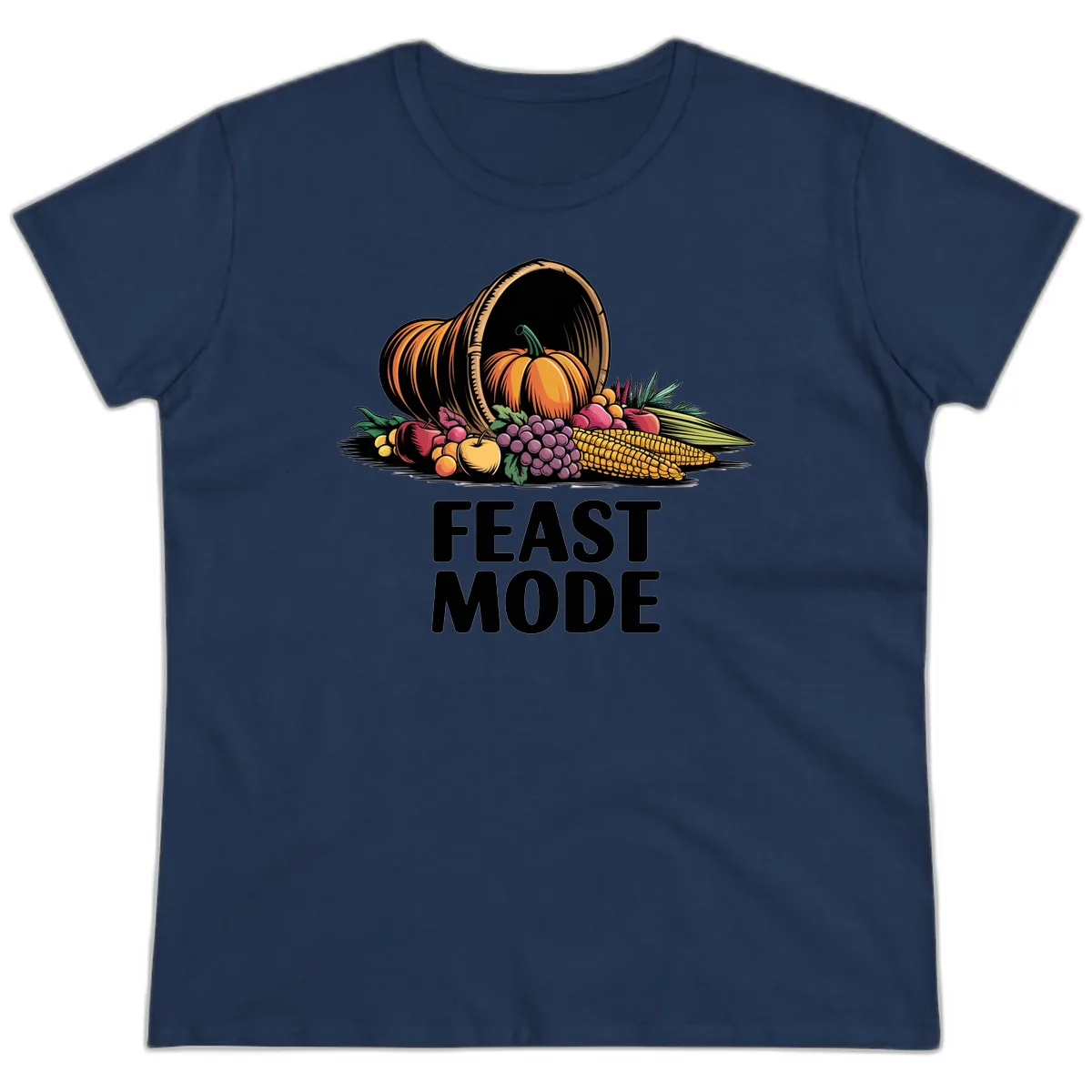 Thanksgiving Cornucopia Feast Mode Ladies Tee in Navy