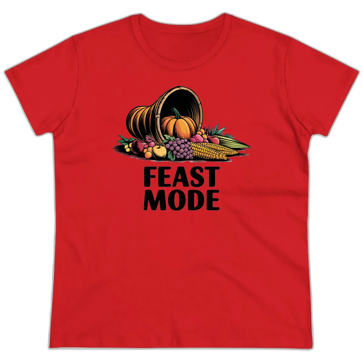 Thanksgiving Cornucopia Feast Mode Ladies Tee in Red