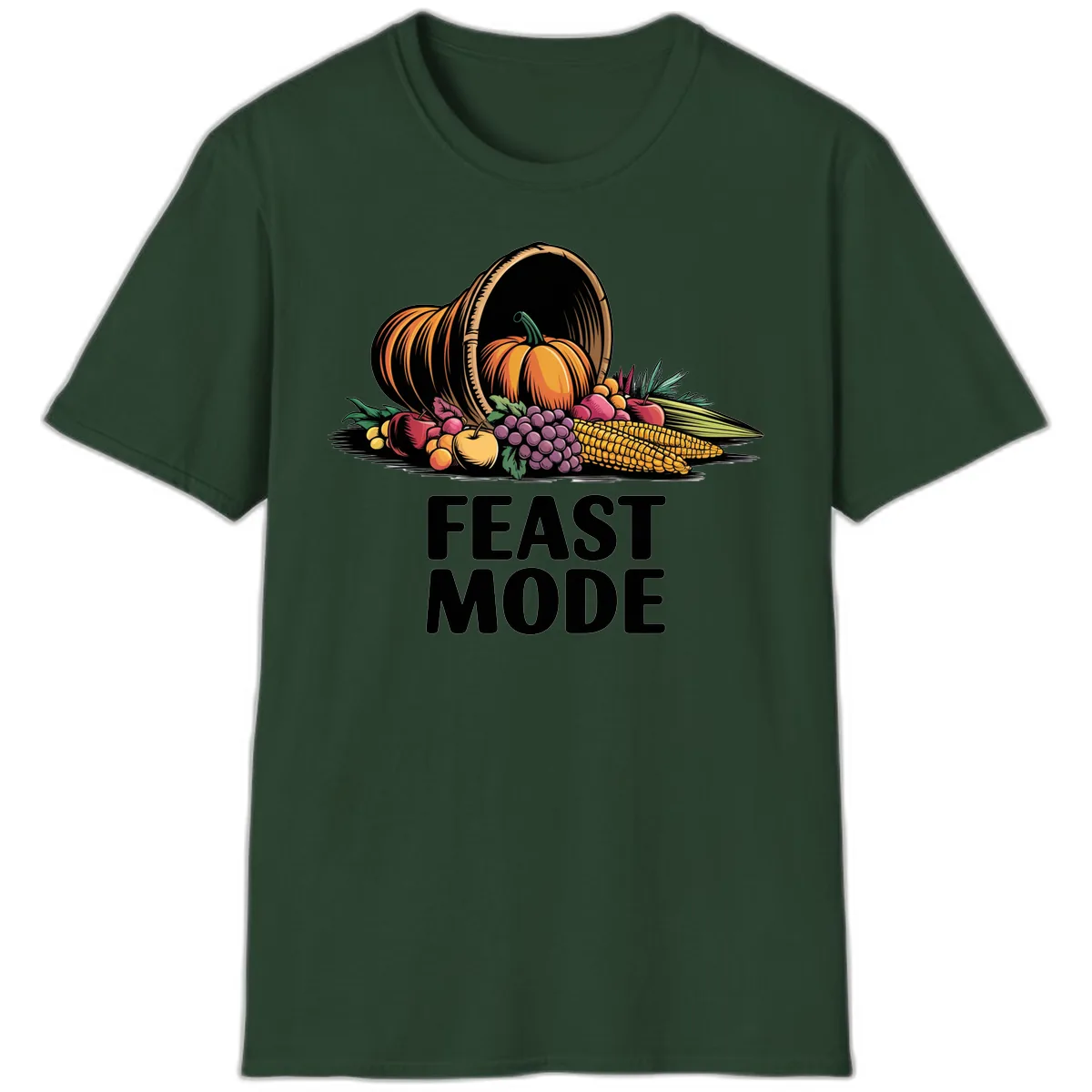 Thanksgiving Cornucopia Feast Mode T-Shirt in Forest Green