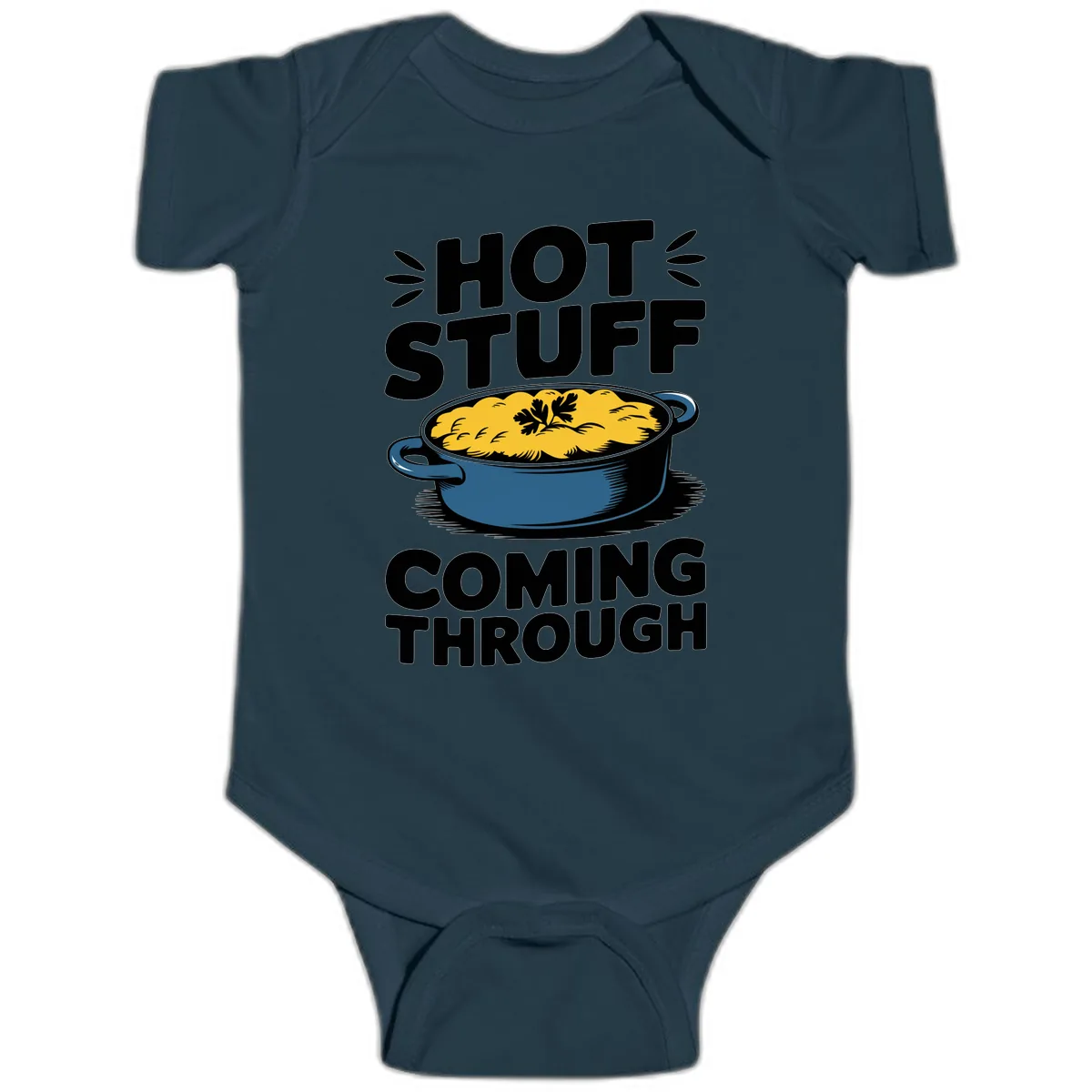 Hot Stuff Coming Through Casserole Baby Onesie in Navy