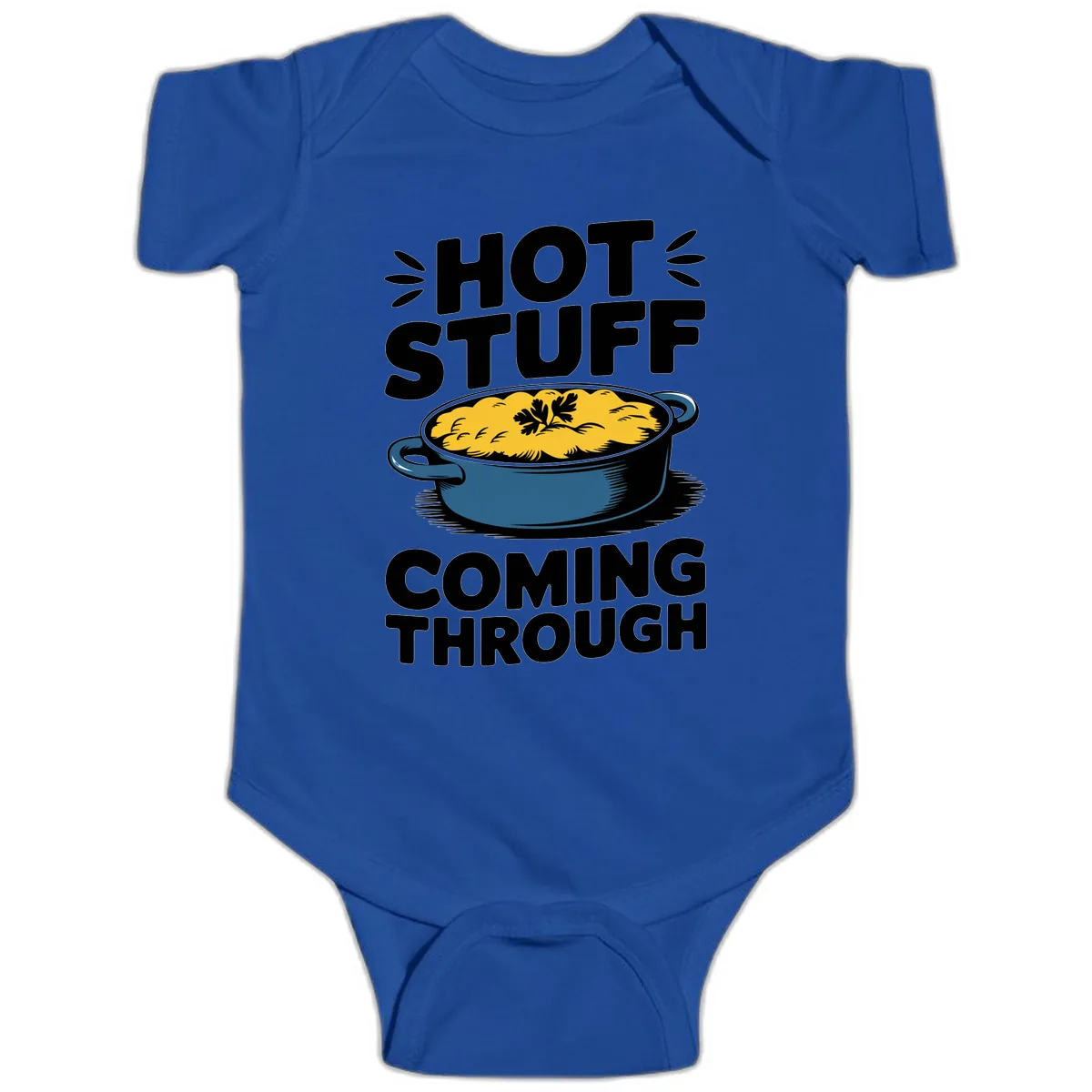 Hot Stuff Coming Through Casserole Baby Onesie in Royal