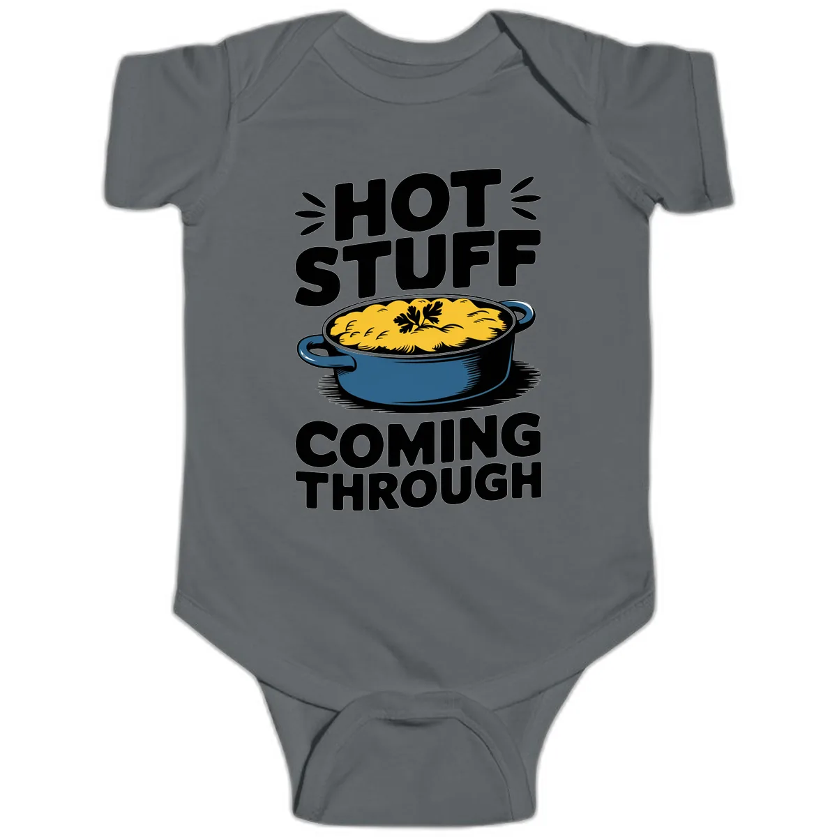Hot Stuff Coming Through Casserole Baby Onesie in Charcoal
