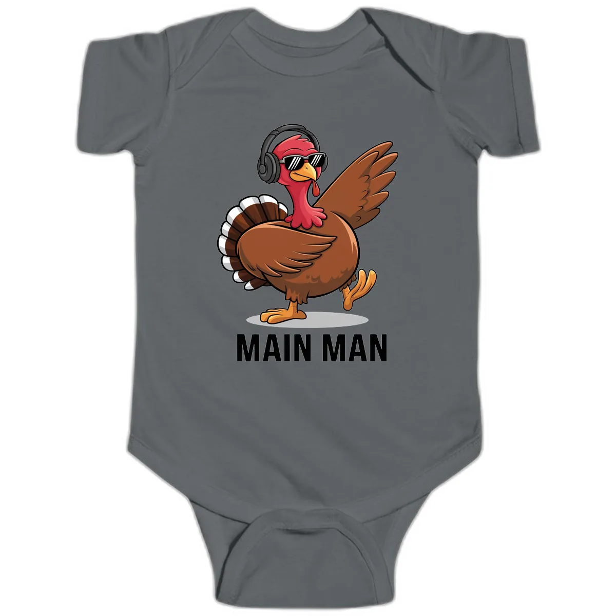 Cool Turkey Main Man Thanksgiving Design Baby Onesie in Charcoal