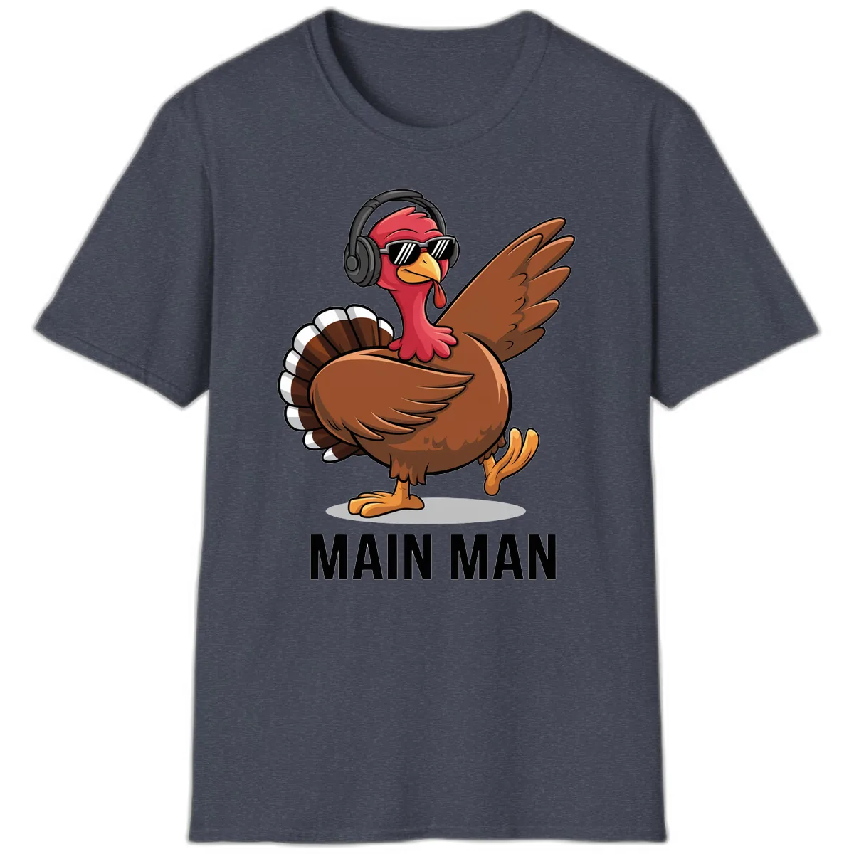 Cool Turkey Main Man Thanksgiving Design T-Shirt in Heather Navy