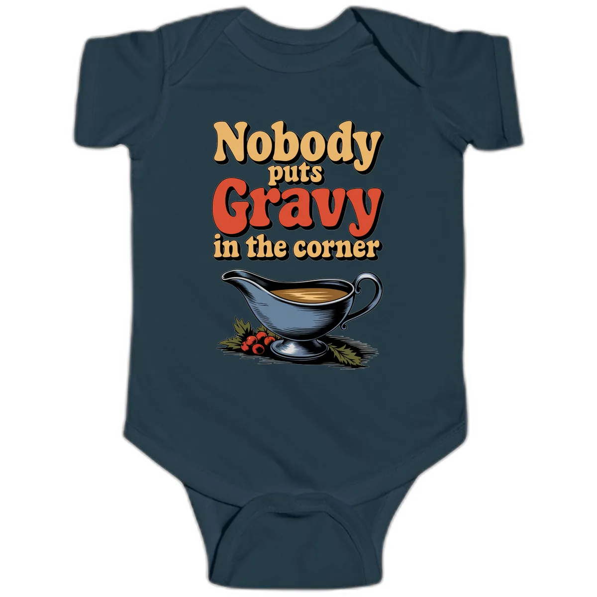 Nobody Puts Gravy In The Corner Baby Onesie in Navy
