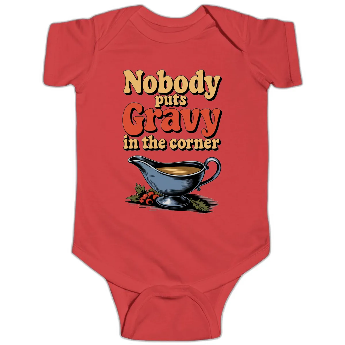 Nobody Puts Gravy In The Corner Baby Onesie in Red