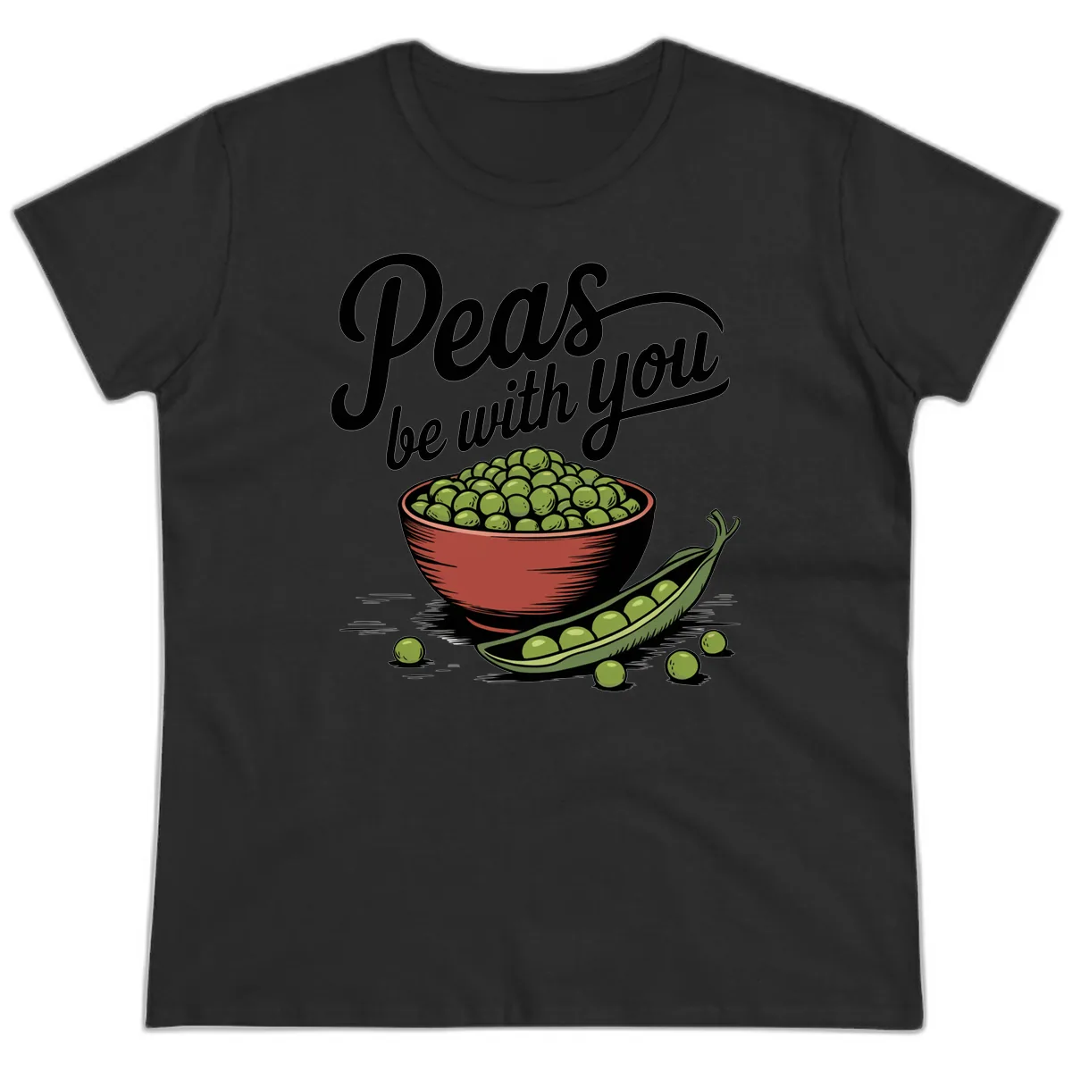 Peas Be With You Pun Graphic Ladies Tee in Black