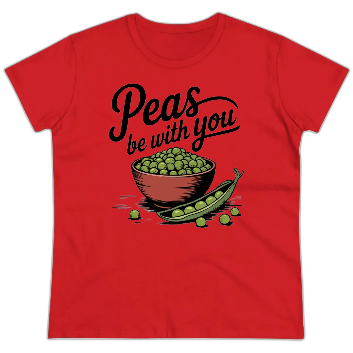 Peas Be With You Pun Graphic Ladies Tee in Red