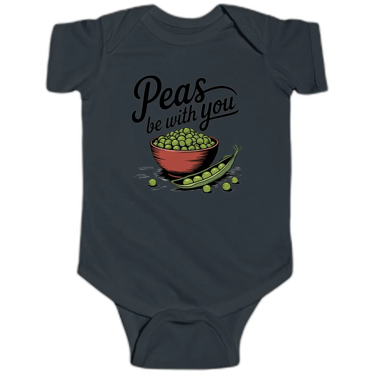 Peas Be With You Pun Graphic Baby Onesie in Black
