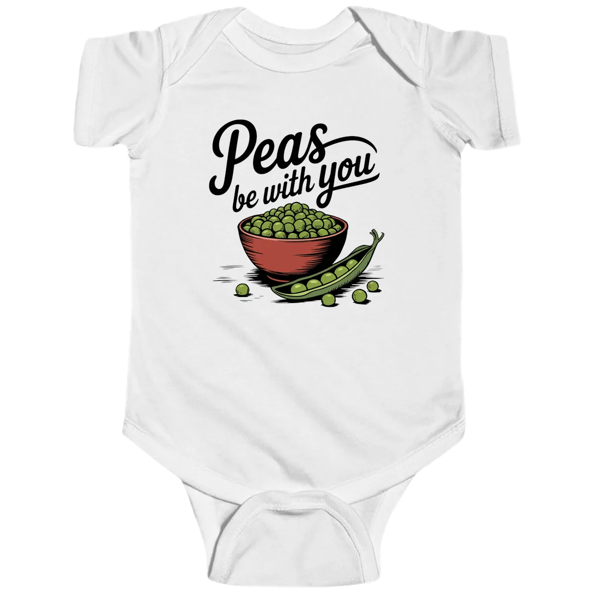 Peas Be With You Pun Graphic Baby Onesie in White