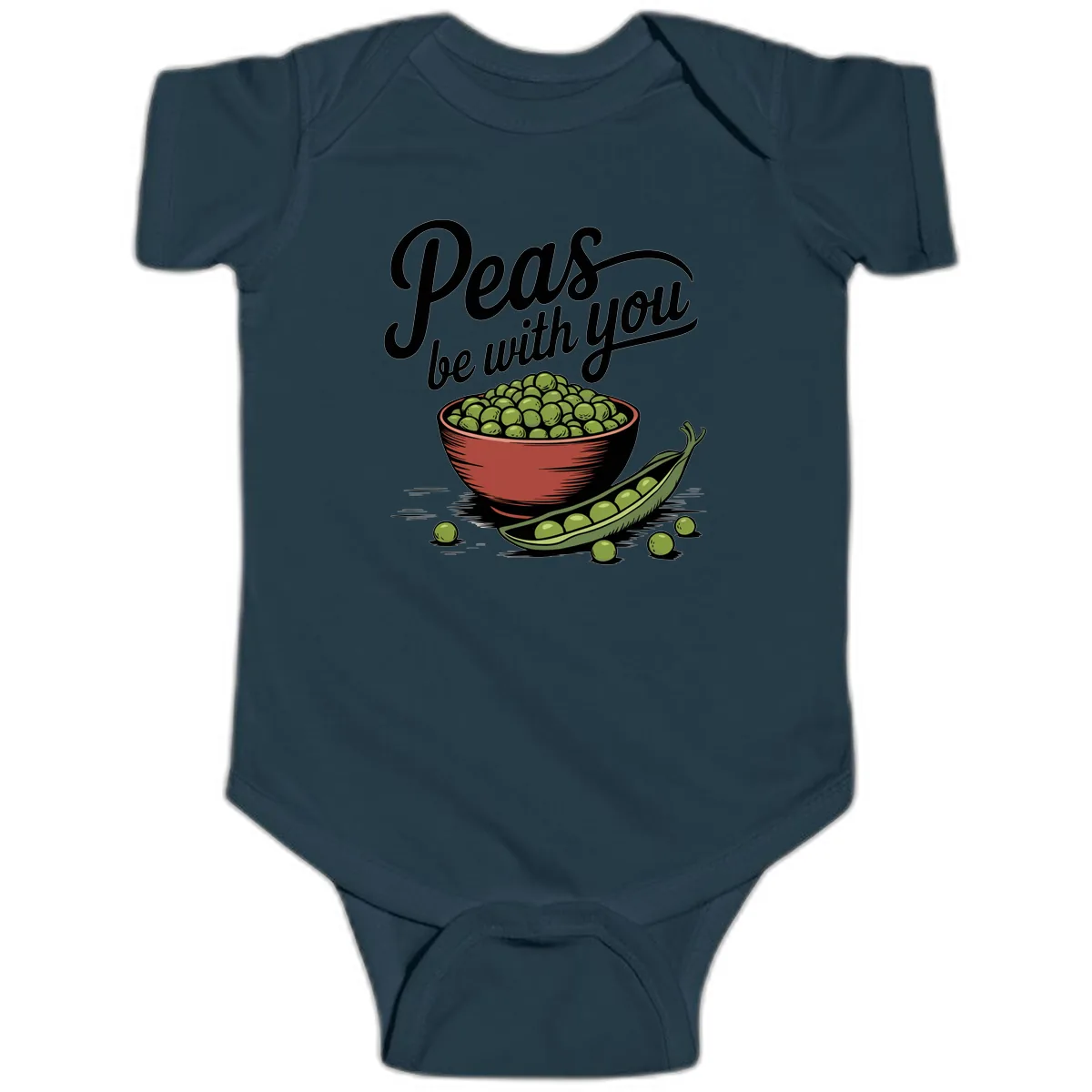Peas Be With You Pun Graphic Baby Onesie in Navy