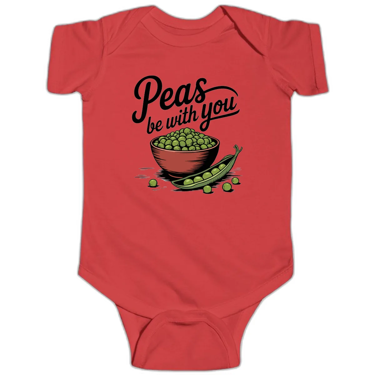 Peas Be With You Pun Graphic Baby Onesie in Red