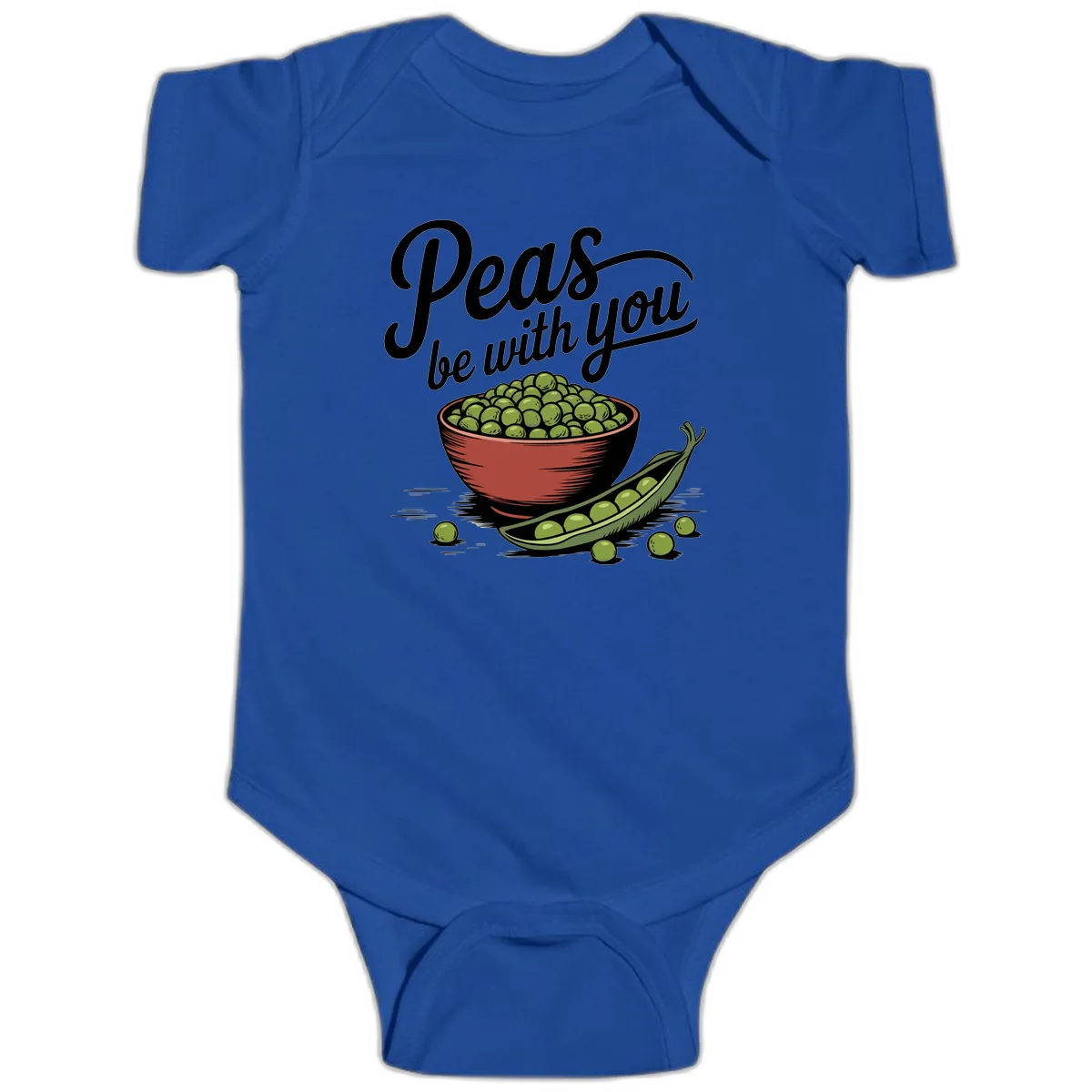 Peas Be With You Pun Graphic Baby Onesie in Royal