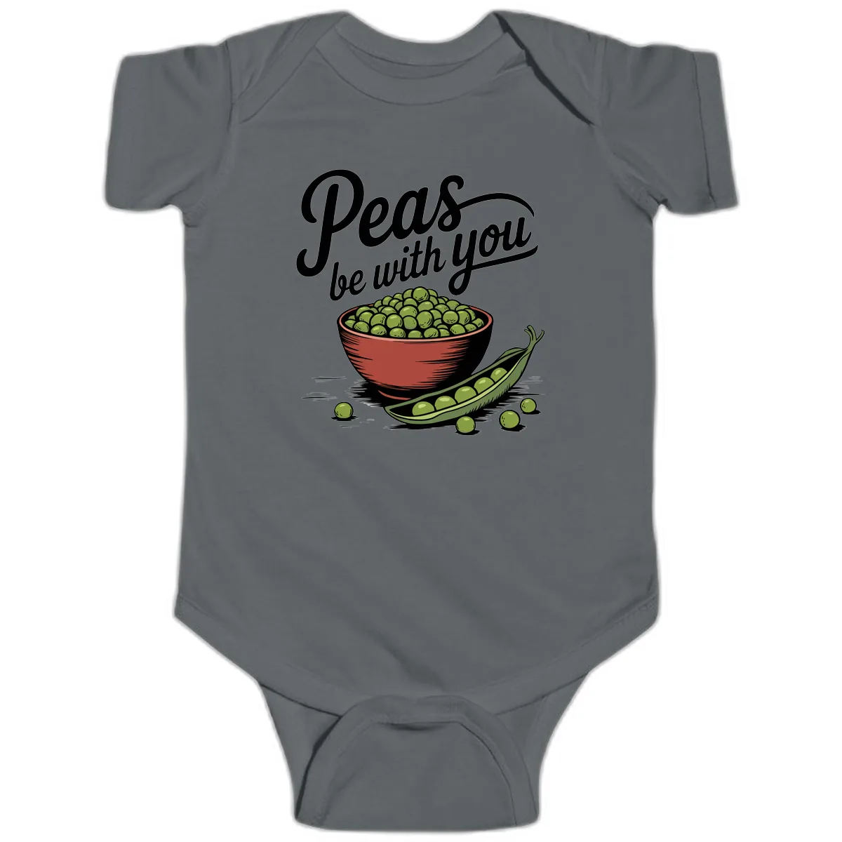 Peas Be With You Pun Graphic Baby Onesie in Charcoal