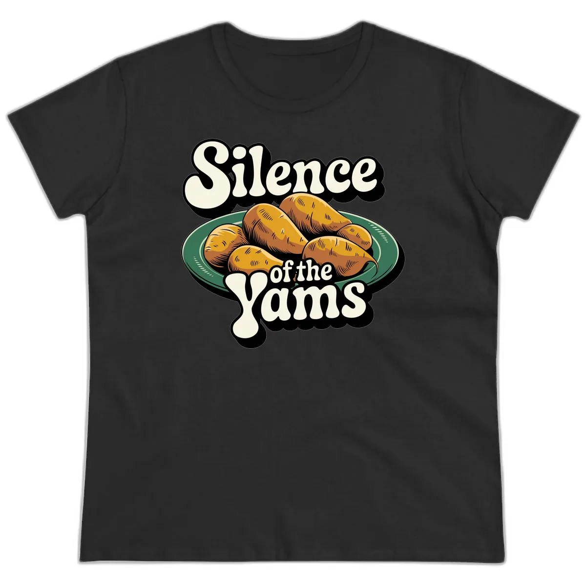 Silence of the Yams Graphic Design Ladies Tee in Black