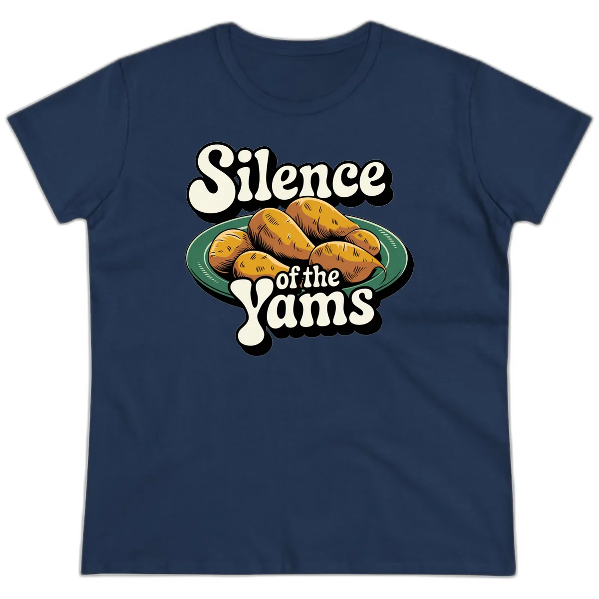 Silence of the Yams Graphic Design Ladies Tee in Navy
