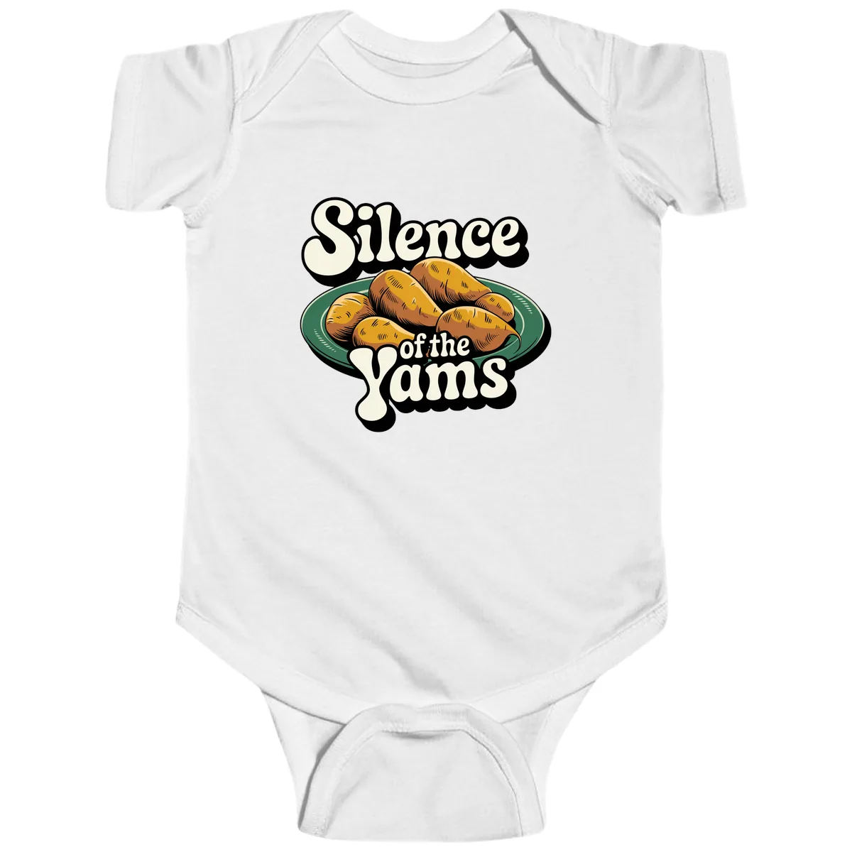 Silence of the Yams Graphic Design Baby Onesie in White