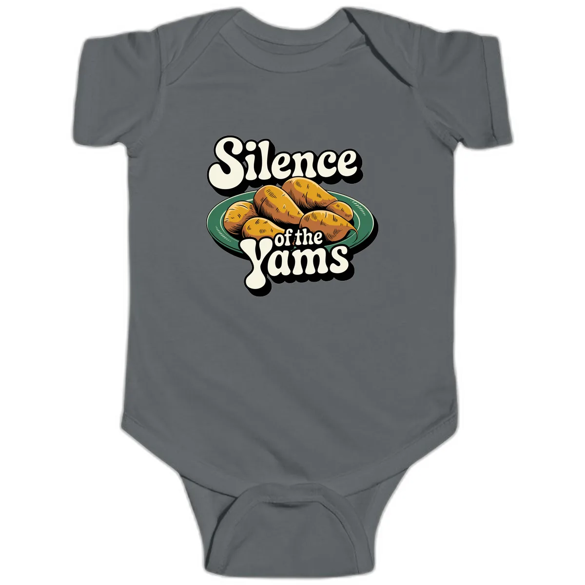 Silence of the Yams Graphic Design Baby Onesie in Charcoal