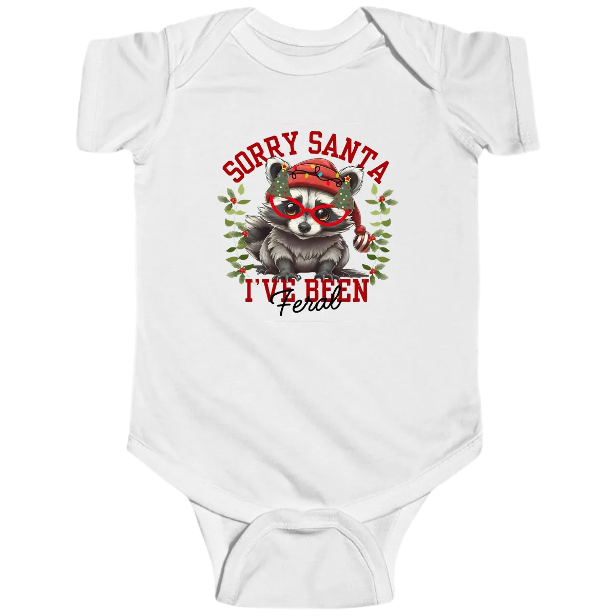 Sorry Santa I've Been Feral Raccoon Christmas Baby Onesie in White