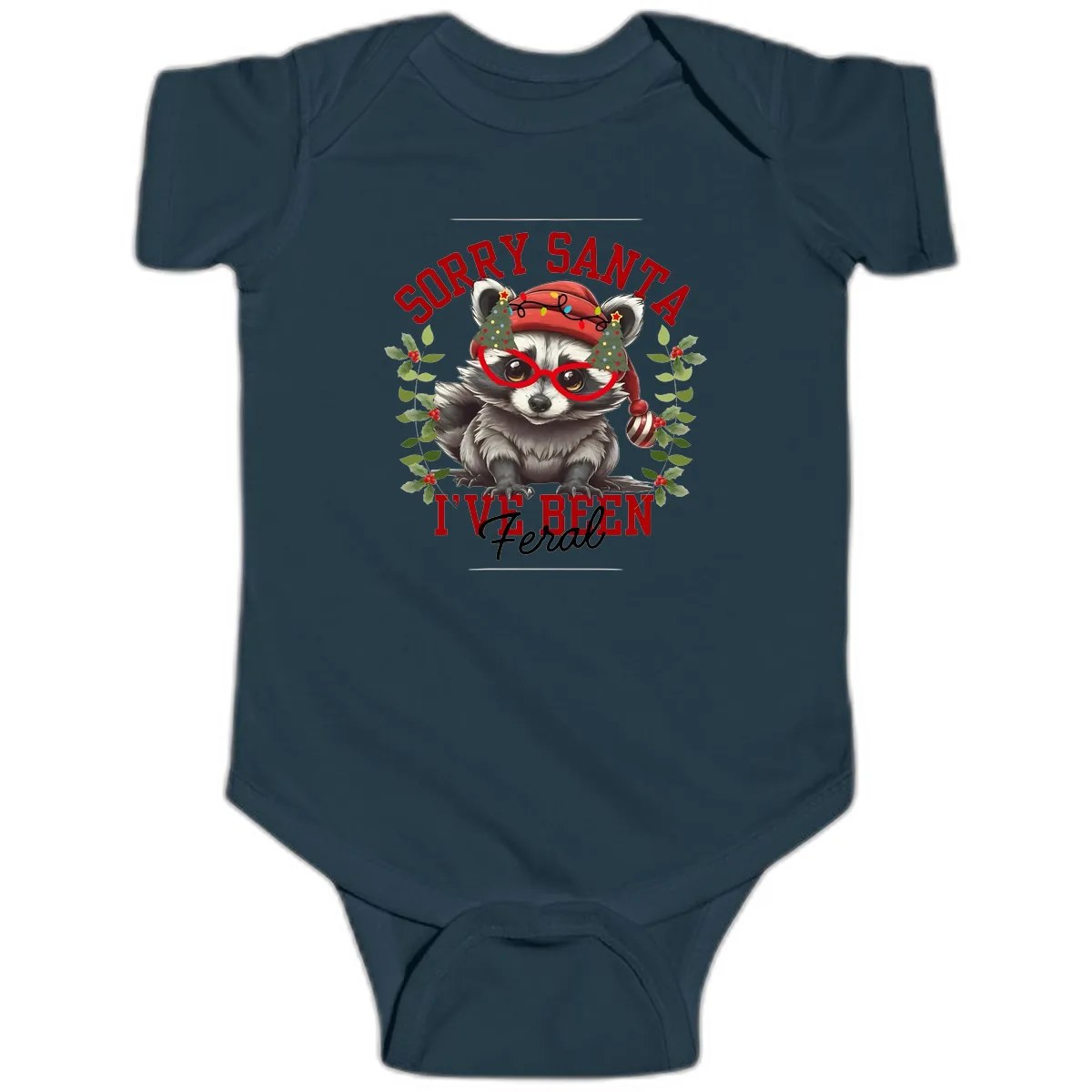 Sorry Santa I've Been Feral Raccoon Christmas Baby Onesie in Navy