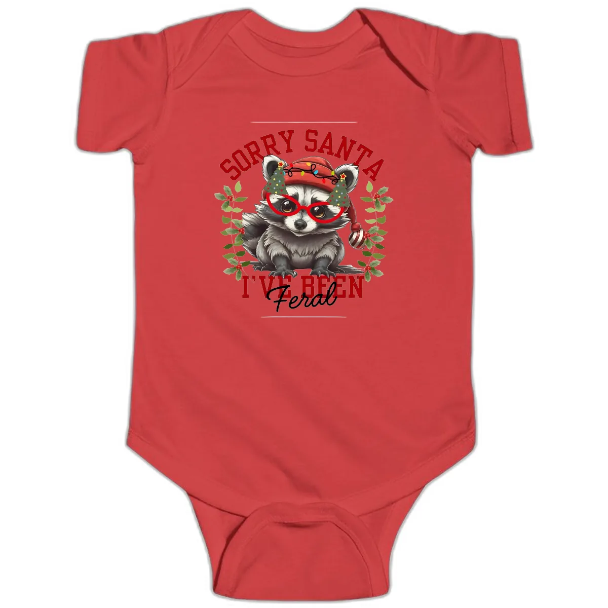 Sorry Santa I've Been Feral Raccoon Christmas Baby Onesie in Red