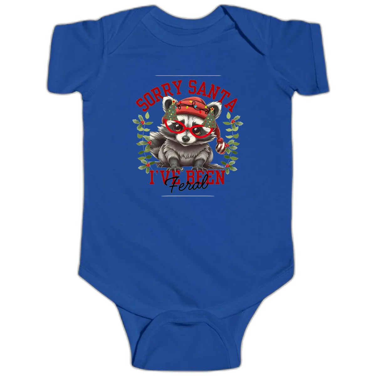 Sorry Santa I've Been Feral Raccoon Christmas Baby Onesie in Royal