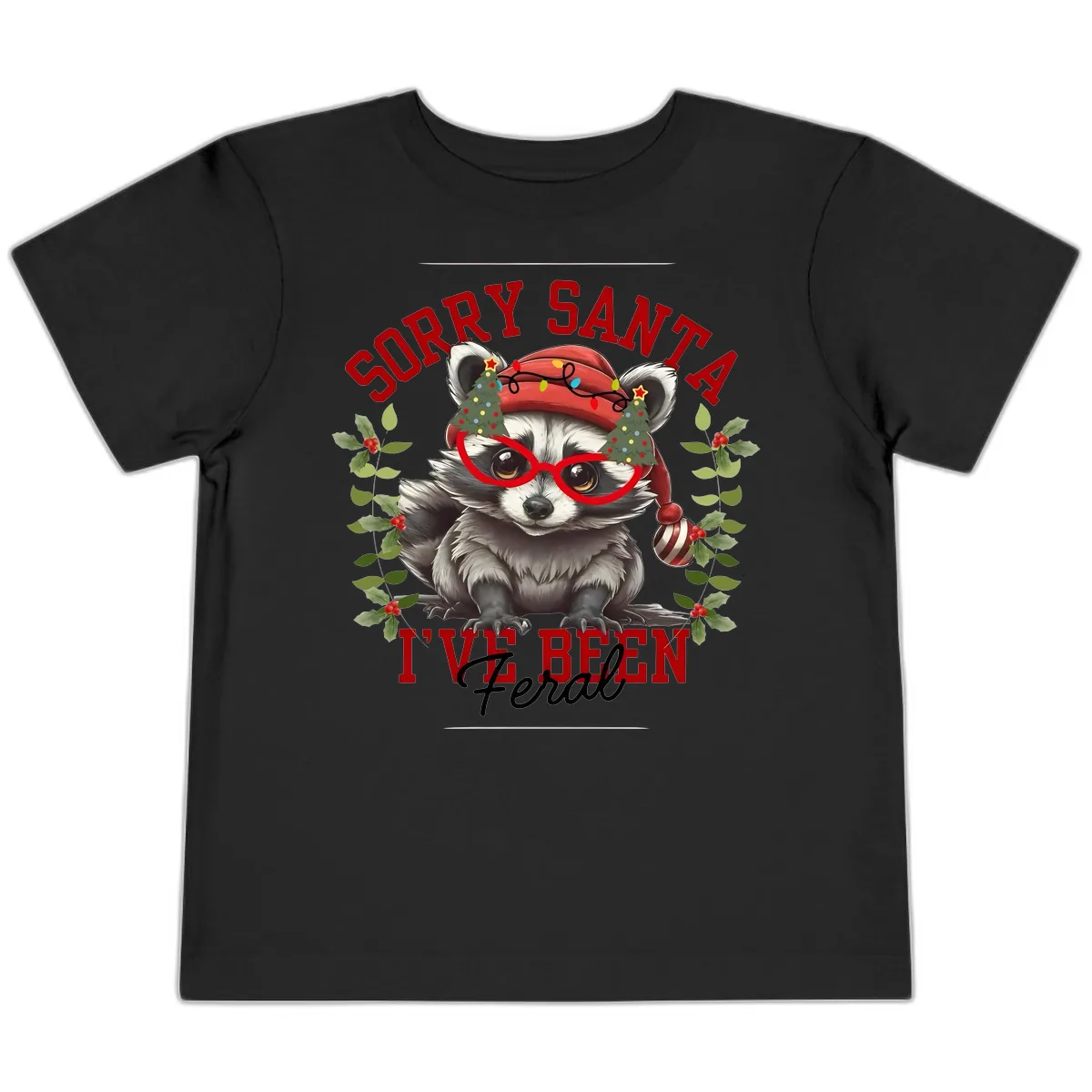 Sorry Santa I've Been Feral Raccoon Christmas Toddler T-Shirt in Black