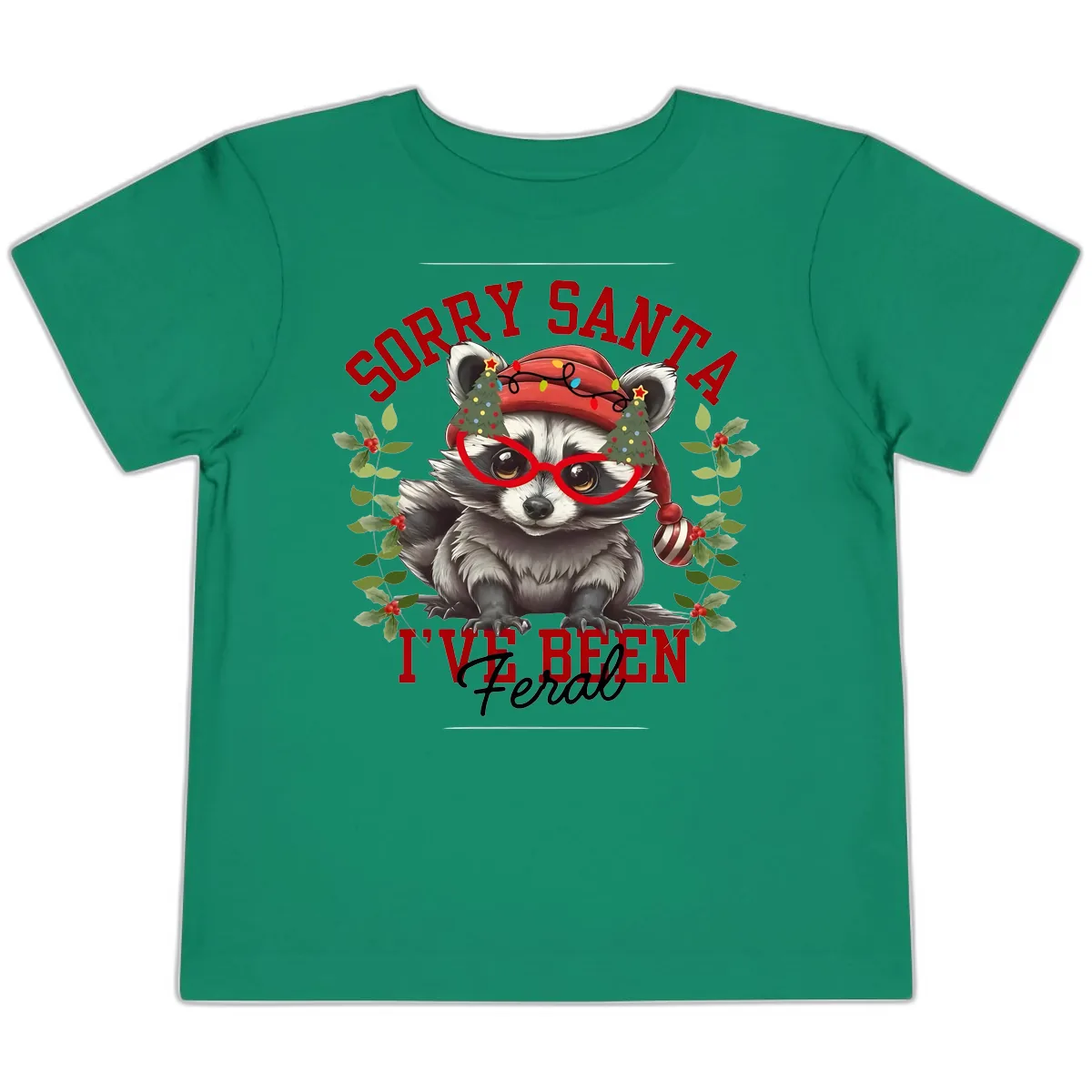 Sorry Santa I've Been Feral Raccoon Christmas Toddler T-Shirt in Kelly