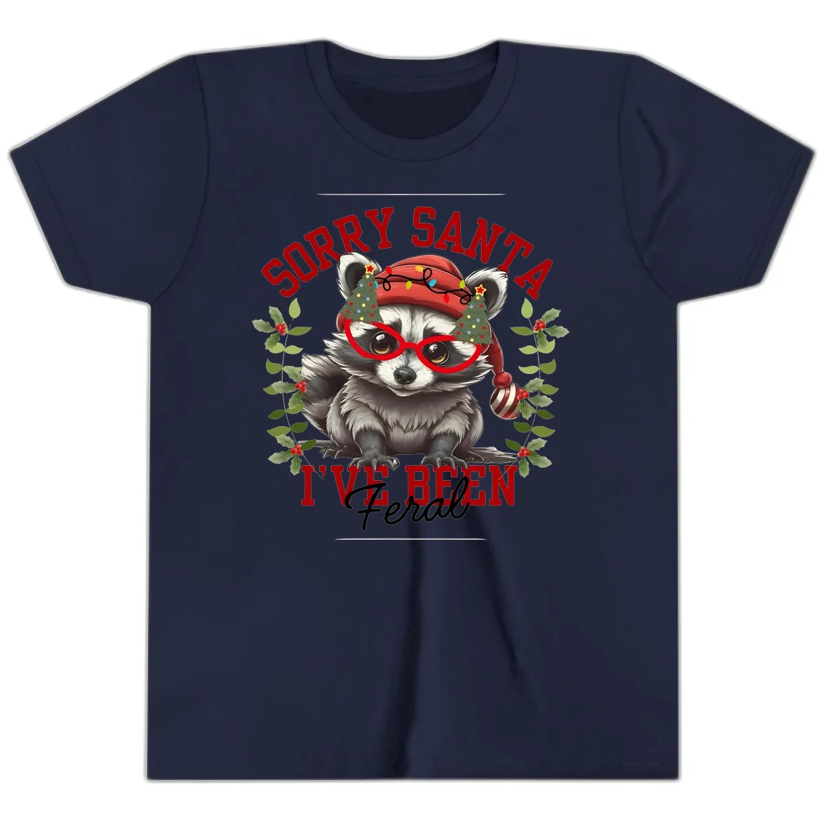 Sorry Santa I've Been Feral Raccoon Christmas Youth T-Shirt in Navy