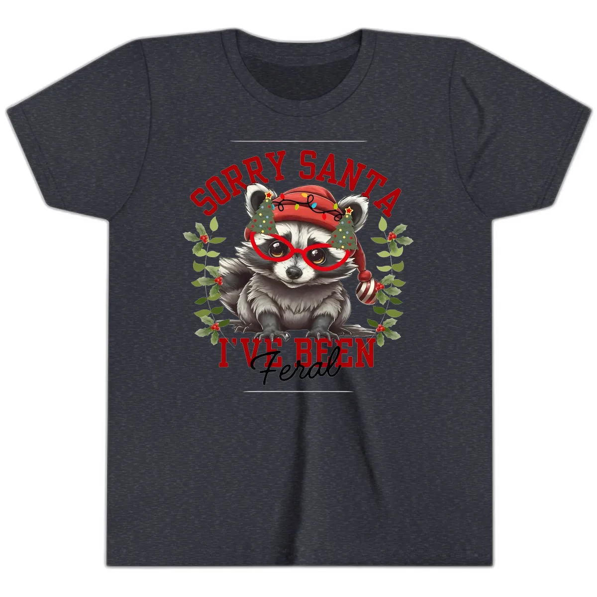 Sorry Santa I've Been Feral Raccoon Christmas Youth T-Shirt in Heather Navy