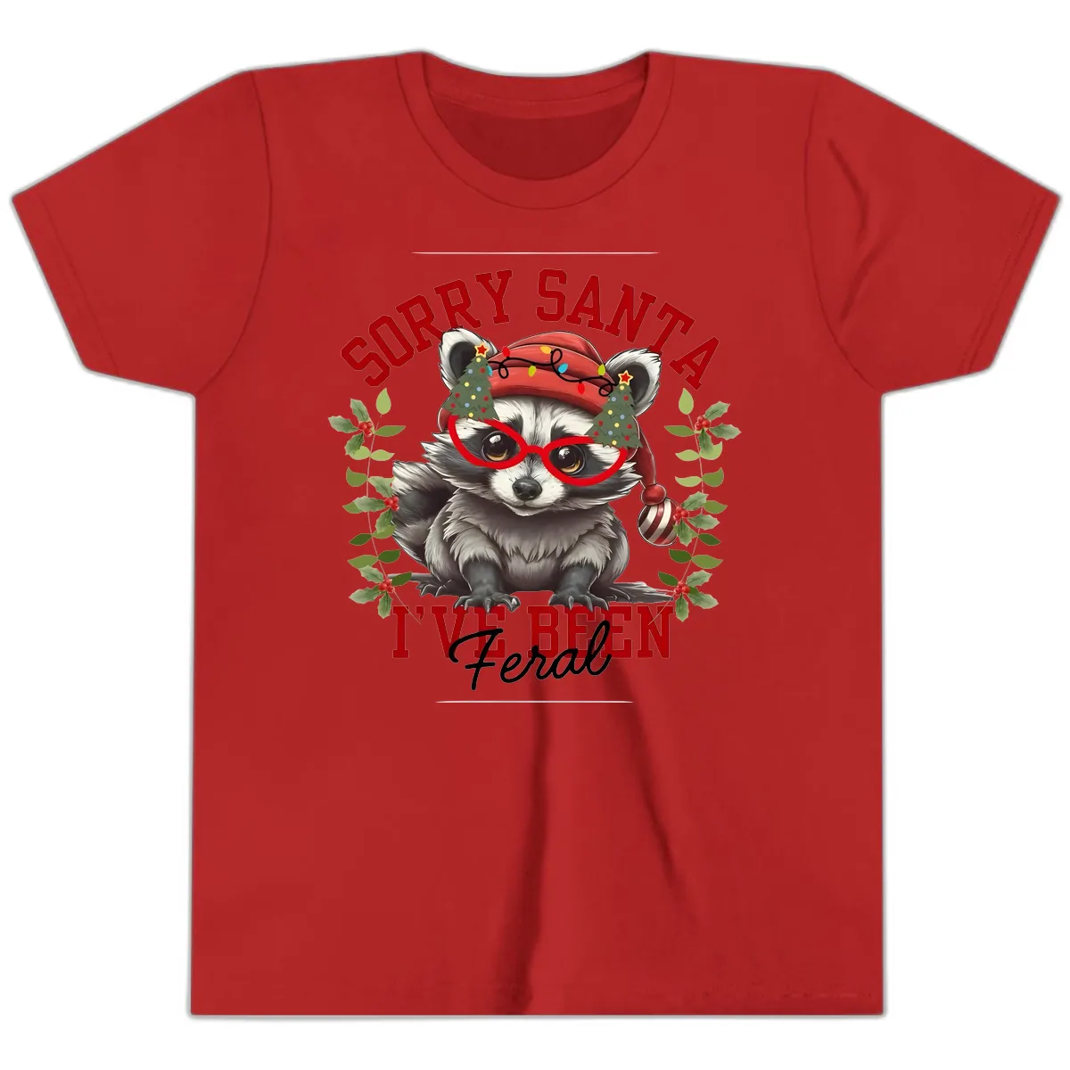 Sorry Santa I've Been Feral Raccoon Christmas Youth T-Shirt in Red