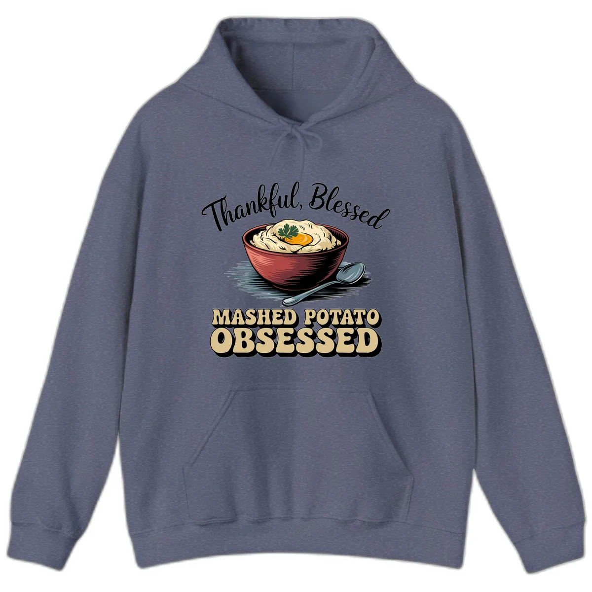 Mashed Potato Obsessed Thanksgiving Graphic Hoodie in Heather Navy